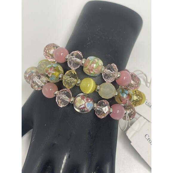 Croft & Barrow Pink & Yellow Pastel Glass Beaded 3 Piece Bracelet Set New - Picture 2 of 6